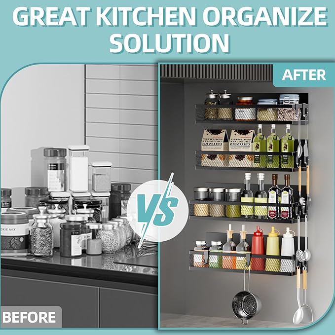 Magnetic Spice Rack for Refrigerator, 4 Pack Magnetic Shelf for Refrigerator,Moveable Fridge Magnetic Spice Racks with 10-Hook Rack for Kitchen Organizers and Storage