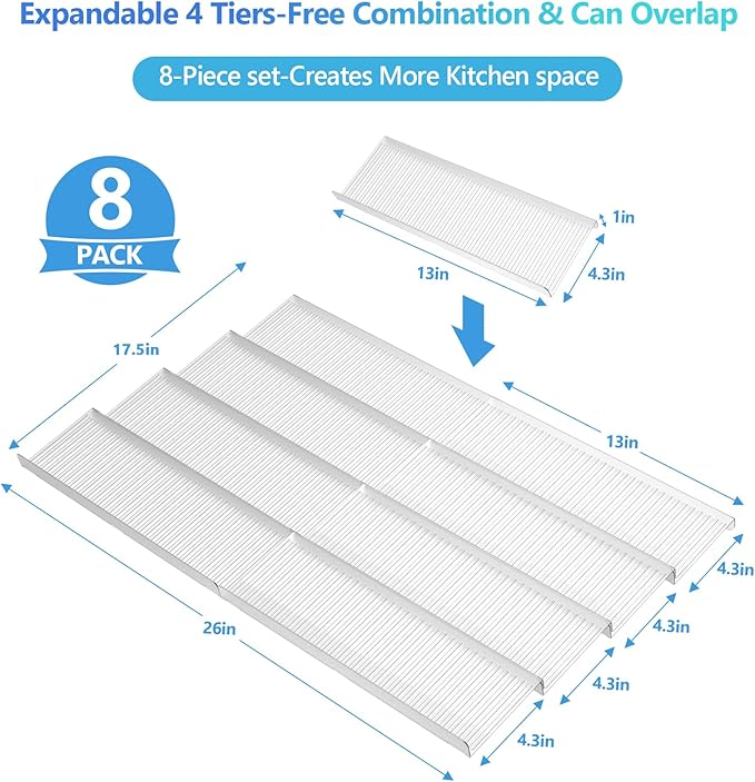 Spice Drawer Organizer, Spice Rack Drawer for Kitchen, 4 Tier Clear Acrylic,Expandable From 13" to 26" Spice Rack Tray for Cabinet/Countertop (8 Pcs Clear)