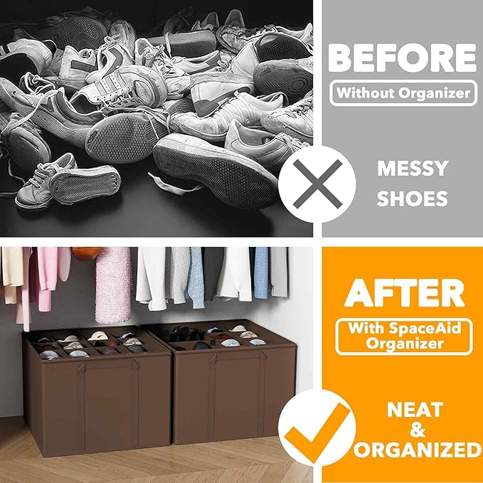 SpaceAid Shoe Organizer for Closet, 2 Pack Foldable Shoe Storage Containers Baskets Boxes Bins w/Adjustable Dividers, Fits 16-32 Pairs, Brown