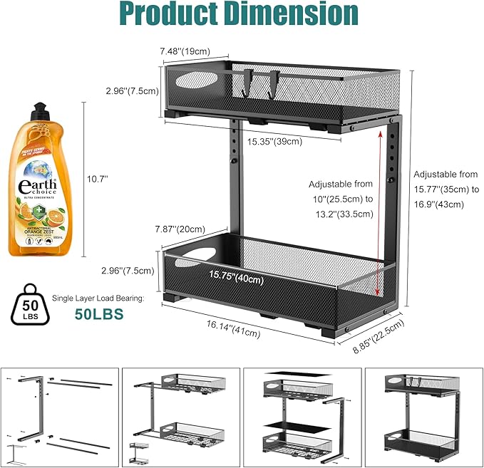 1 Pack Under Sink Organizer, 2 Tier Metal Pull Out Under Sink Storage with Sliding Mesh Drawers, Height Adjustable Slide Out Under Sink Organizer for Kitchen Bathroom Cabinet, Black