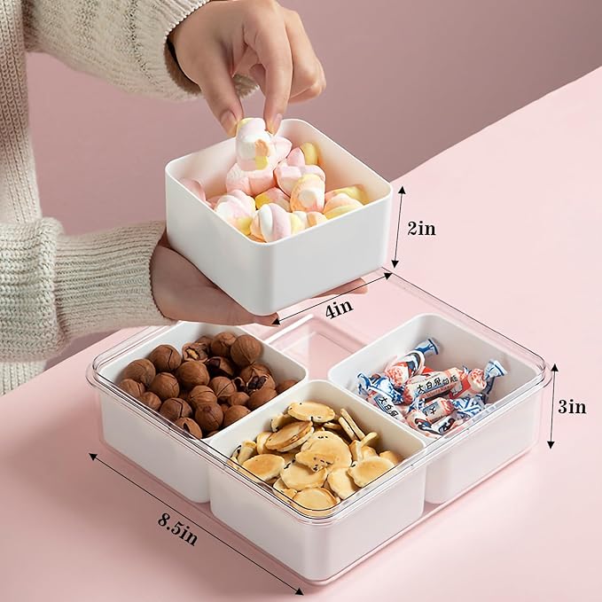 Eanpet Divided Serving Tray with Lid 4 Compartment Veggie Tray Portable Square Snackle Box Stackable Travel Snack Platters Charcuterie Food Storage Containers for Fruit,Vegetable,Salad
