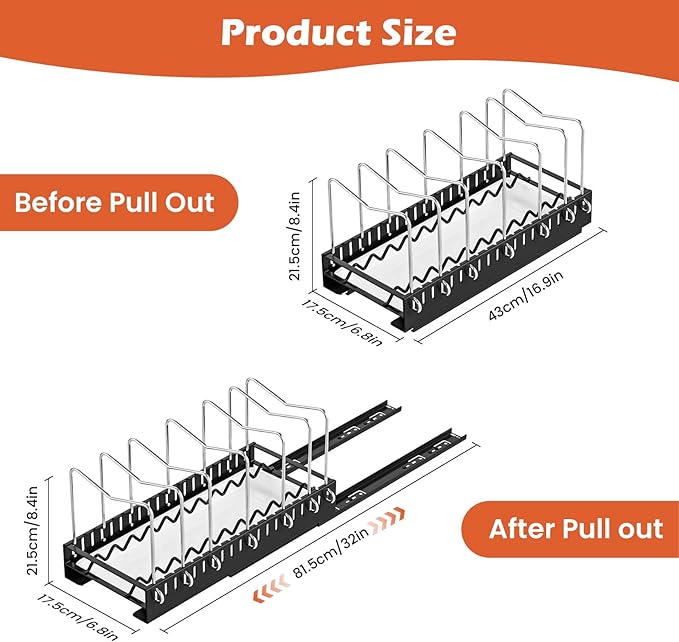 Pots and Pans Organizer Under Cabinet, Pot Lid Pan Organizer Inside Cabinet, Pull Out Cabinet Organizer with Drain Pan, Pot Organizer Rack for Under Cabinet Featuring 7 Adjustable Dividers