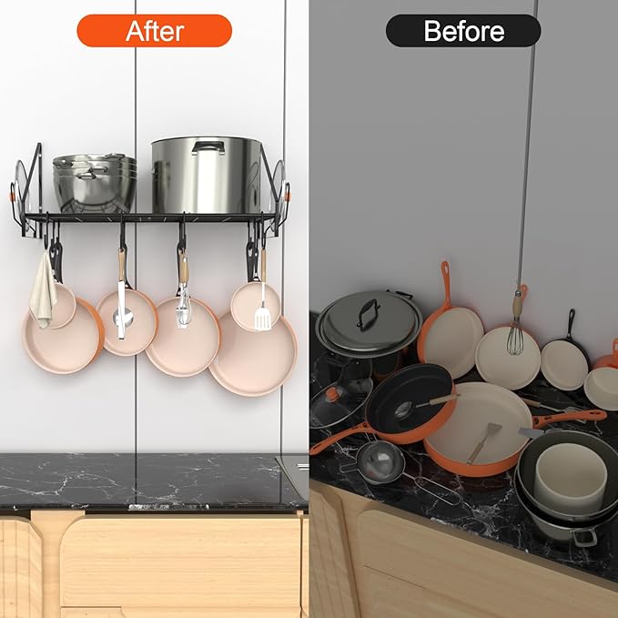 35 Inch Pot Rack Wall Mounted, Pots and Pans Organizer with 12 Hooks and 2 Pot Lid Holders, Heavy Duty Steel Pot and Pan Hanger for Kitchen Cookware Utensils Storage 34.7" Lx13 Wx12.6 H