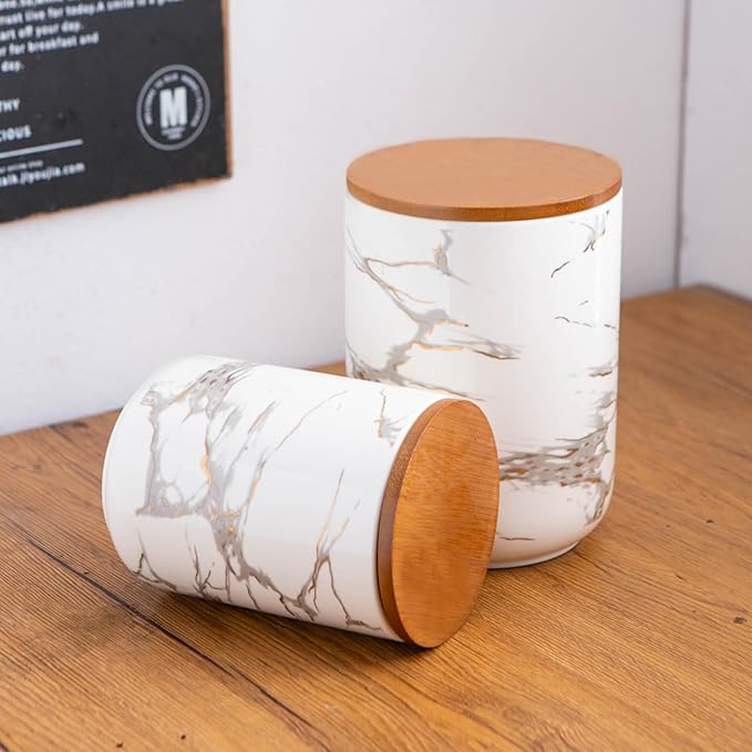 White Kitchen Canister Set of 3, Kitchen Countertop Ceramic Jars with Airtight Wood Lids, Storage Containers for Coffee Beans, Tea, flour, Grains, Salt, Marble Pattern