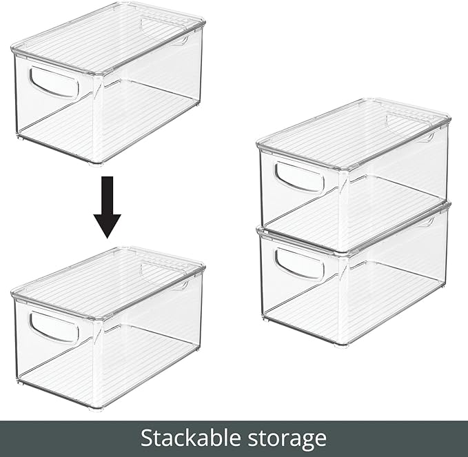 mDesign Plastic Deep Storage Bin Box Container with Lid and Built-In Handles - Organization for Fruit, Snacks, or Food in Kitchen Pantry, Cabinet, or Cupboard, Ligne Collection, 8 Pack, Clear