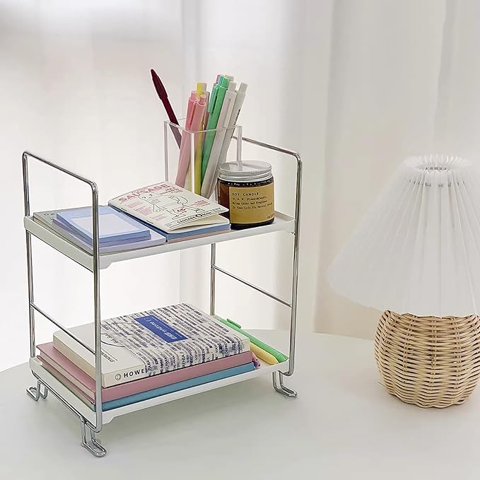 lemonadeus 2-Tier Standing Rack Kitchen Cabinet Spice Rack Plastic/Metal Vanity Tray Cosmetic Organizer Standing Counter Shelf Skincare Organizer (Silver)