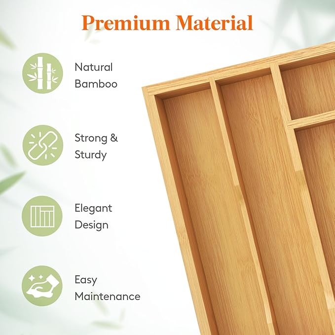 Lifewit Silverware Drawer Organizer Tray, Bamboo Cutlery Storage for Kitchen Drawer, 6 Compartment Flatware and Utensil Holder Divider for Spoons Forks Knives Tableware, Natural