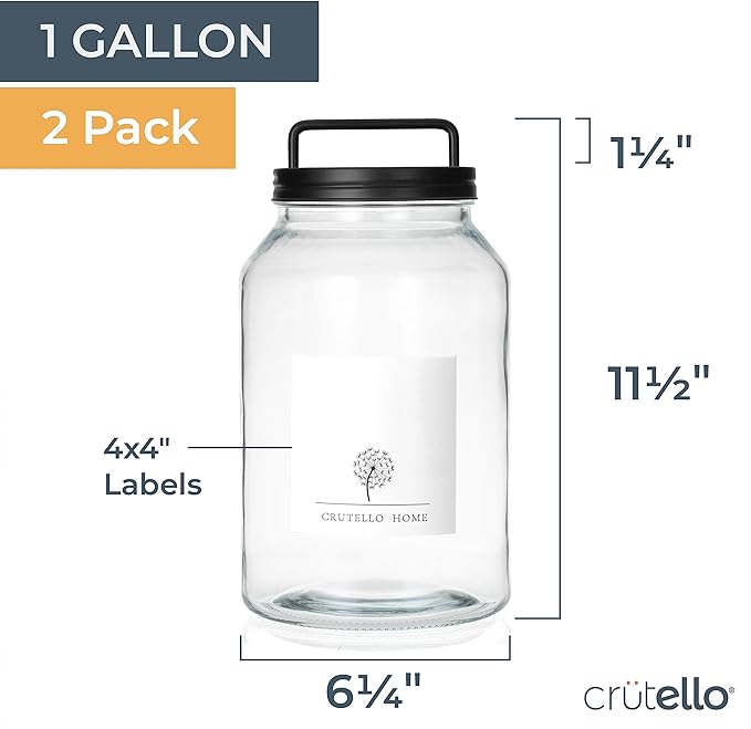 Crutello Large 1-Gallon Glass Canisters Set - 2 Pack, Black Stainless Steel Airtight Lids & Labels - Cookie Jar, Glass Jar for Laundry Room, Food Storage Containers, Kitchen Canister