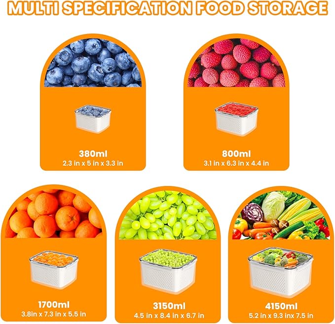 Fruit Storage Containers for Fridge - 5PCS Food Storage Containers with Lids - Produce Containers for Fridge with Removable Colander - Keep Berry Fruit Vegetable Food Meat Fresh Longer
