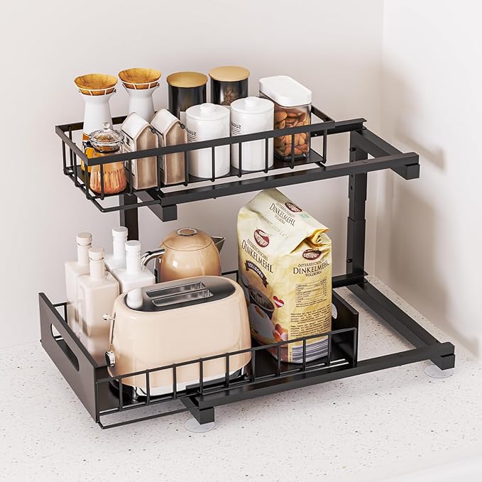 Under Sink Organizer Storage 2-Tier Heavy Duty Metal Pull Out Cabinet Organizer Slide Out Sink Shelf Organizer Height Adjustable, Multi-Purpose Storage Shelf for Kitchen Bathroom (Black, 1 Pack)