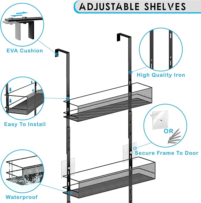 Over the Door Pantry Organizer - 6-Tier Mesh Basket Hanging & Wall Mounted Pantry Door Organizer, Over the Door Spice Rack with Adjustable Hooks for Kitchen, Bathroom, Bedroom, Storage Room (Black)
