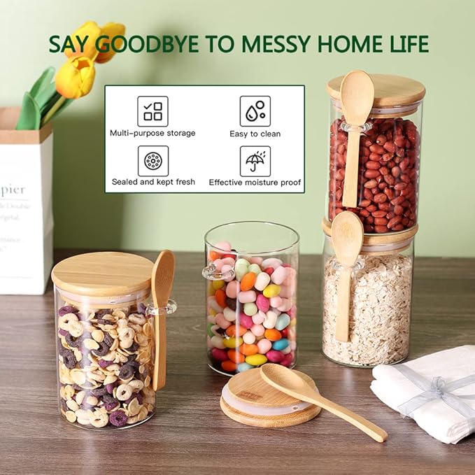 Glass Jars with Bamboo Lids and Wooden Spoons Set of 4, Coffee Tea Sugar Container Set for Loose Tea Canister Storage, Overnight Oats Containers with Scoop for Seasoning, Coffee, Yogurt