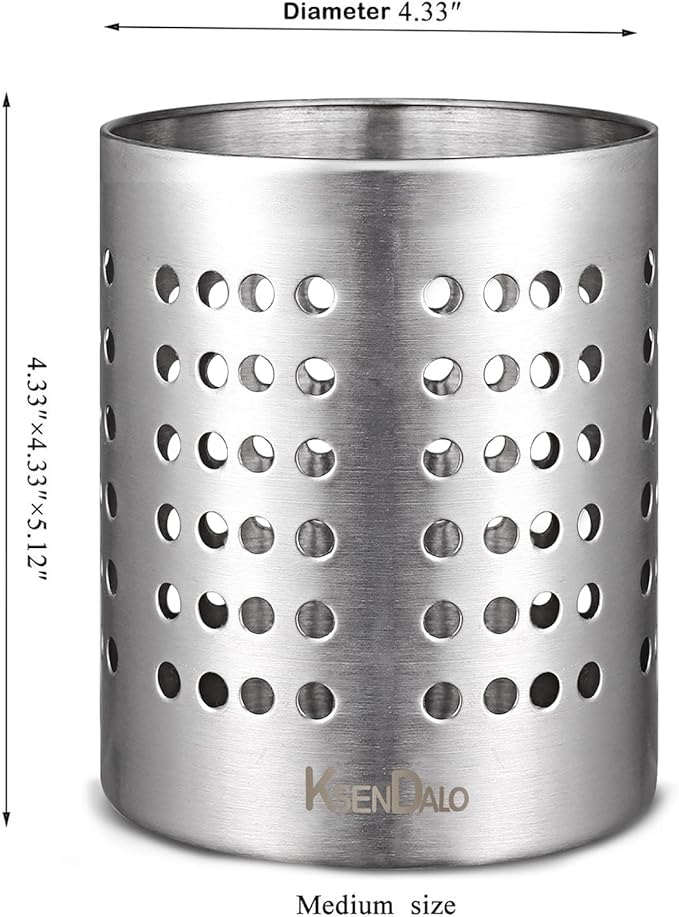KSENDALO Kitchen Stainless Steel Utensil Holder, 18/10(304) Heavy Thick Utility Sturdy Silverware Drying Holder for Kitchen Home and Office, 7.3 Oz, Diameter 4.33"(M)