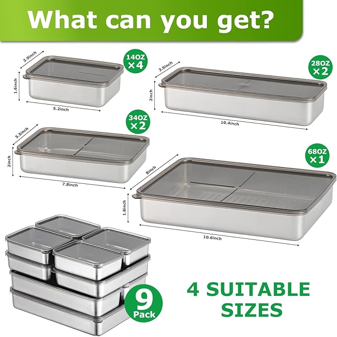 9 Pack Bacon Cheese Container for Refrigerator, 304 Stainless Steel Airtight Deli Meat Storage Containers with Lids for Fridge, Dishwasher Safe Food Organizers for Fridge 4 Size Container Sets