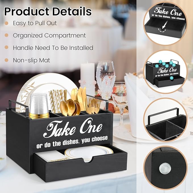 Paper Plate Holder Countertop, Utensil Caddy with Drawer, Black, 6 Compartments, 1 Drawer, Space Saving, Convenient to Carry, Sturdy, Easy Cleaning, Ideal Gift Idea