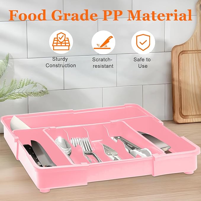 Silverware Organizer Expandable Silverware Drawer Organizer Adjustable Drawer Organizer, Flatware Cutlery Tray for Spoons Forks Knives Kitchen Organizers Storage,Pink