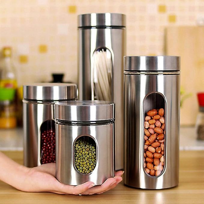 Quality 4pc Stainless Steel Canister Set for Kitchen Counter with Glass Window & Airtight Lids, Food Storage Containers, Pantry Storage & Organization Set for Coffee, Flour, Pasta, Rice, Spices, Herbs