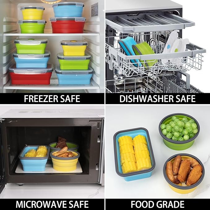 Collapsible Food Storage Containers with Lid & Air Vent, 16 Pack, 8 Rectangular + 8 Round, Annaklin Foldable Silicone Lunch Containers Collapsible Bowls Set, Microwave Freezer Dishwasher Safe, 4-Color