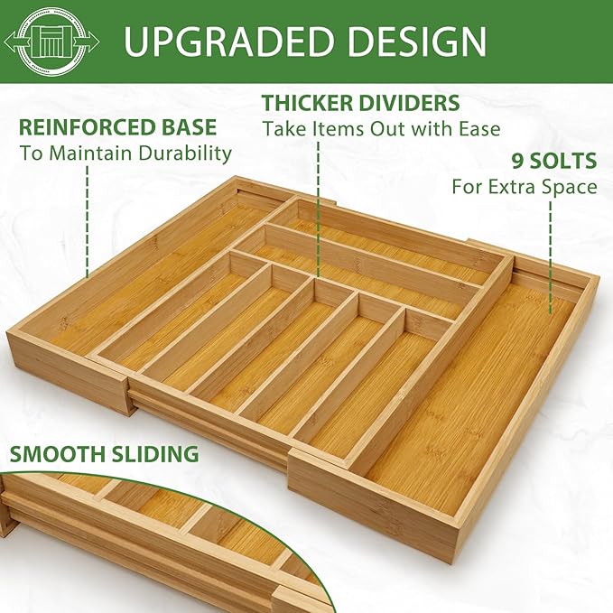 Silverware Organizer with 9 Slots - Bamboo Utensil Drawer Organizer for Kitchen - Expandable Flatware Drawer Organizer Tray for Kitchen Utensils, Cutlery and Tools