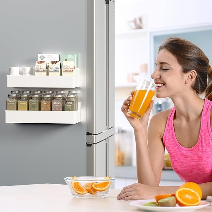 Magnetic Spice Rack for Refrigerator, Kitchen Organizer and Storage Shelf, White (2 Pack)…