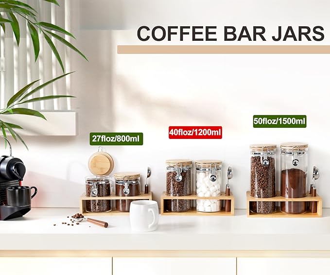 KKC HOME ACCENTS Airtight Glass Coffee and Sugar Storage Jars with Sealed Clamp Lids and Scoops, Air Tight Glass Coffee bean Containers for Ground Coffee,Loose Leaf Tea,Brown Sugar,Matcha,40 FL OZ
