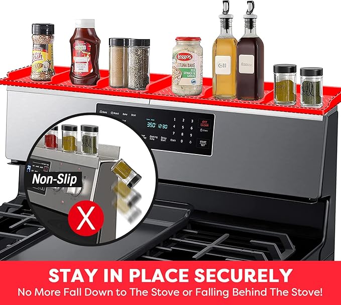 Stove Top for Shelf Silicone,30 Inch Magnetic Over the Stove Spice Rack of Shelf,Kitchen Shelf for Stove Organizer Magnet Above Stovetop Flat Back of Stove Storage Suctioned Shelf for The Stove-Red