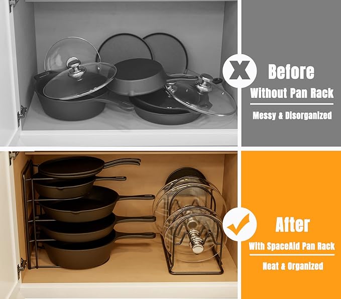 SpaceAid Heavy Duty Pan Organizer Rack for Cabinet, Pot Lid Holder, Kitchen Organization & Storage for Cast Iron Skillet, Bakeware, Cutting Board - No Assembly Required (1 pack)