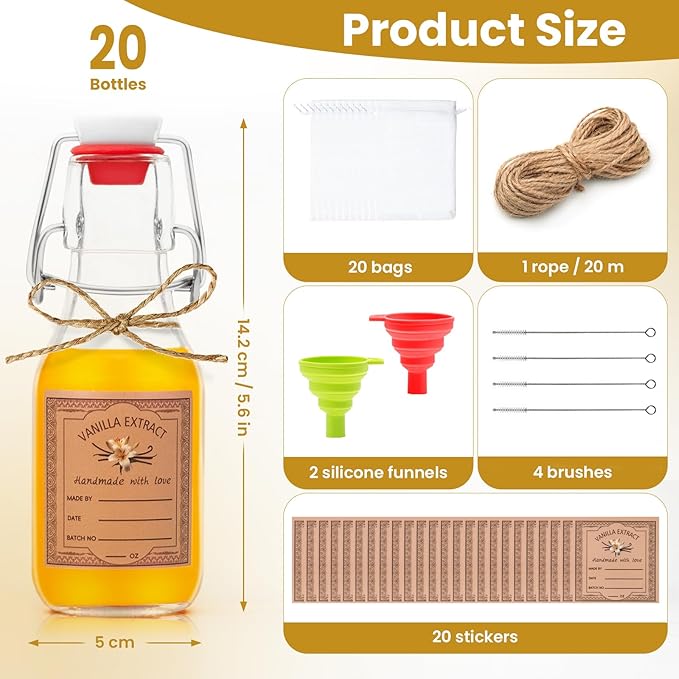 20Pcs 4 oz Swing Top Glass Bottles for Vanilla Extract Homemade, Flip Top Glass Bottles with Airtight Lid for Gift Glass Food Storage Canister for Hot Sauce Beans