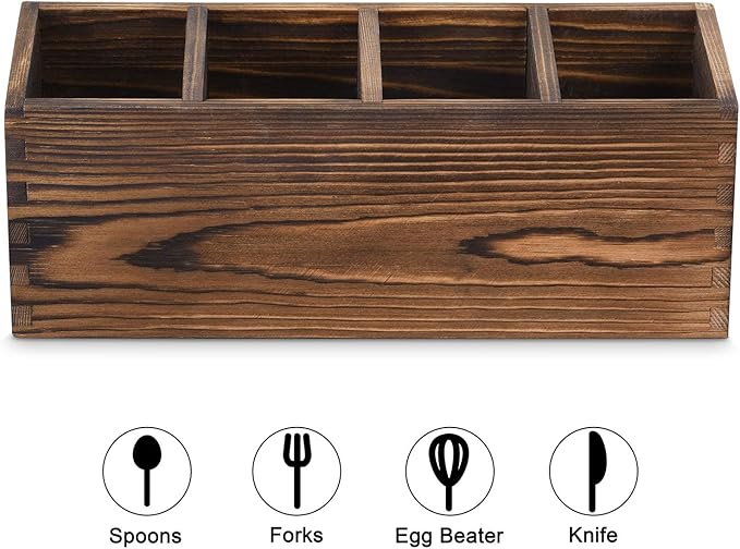 Wooden Silverware Caddy, Kitchen Utensil Holder with 4 Adjustable Compartments, Silverware Storage Kitchen Flatware Caddy