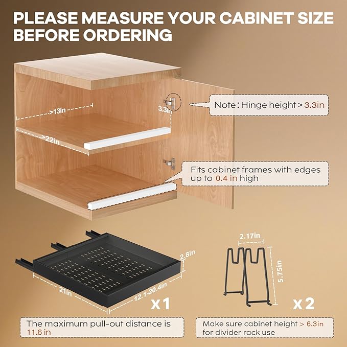 1 Pack Pull out Cabinet Organizer 21" Deep With Raising Pad for Framed Cabinets, Expandable Slide out Drawers for Kitchen Cabinets with 2pcs Divider Racks, Roll out Shelves 12.1"-20.4"W Black
