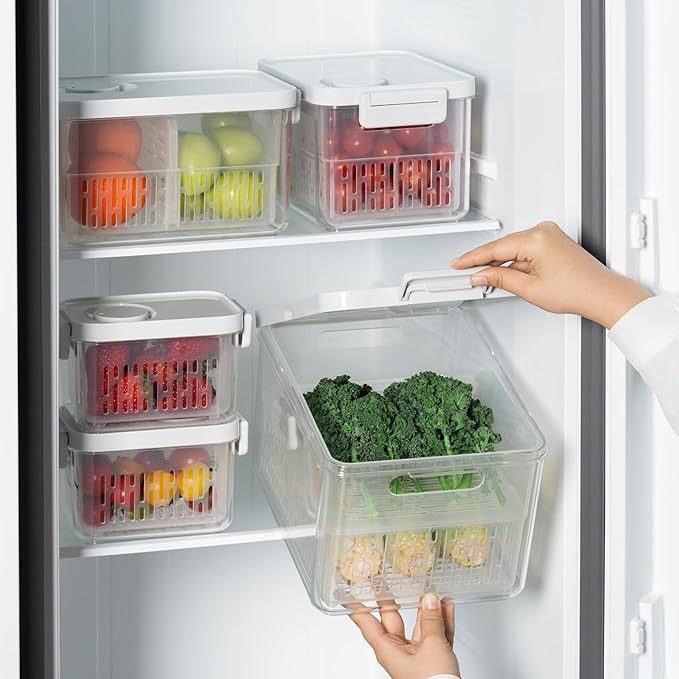 vacane Produce Containers with Lid and Colander, 3.8 Cup/900ml Clear Fruit Containers for Fridge Dishwasher Safe Berry Containers, BPA-Free Lettuce Keeper, Keep Food Fresh