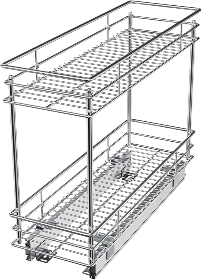 LOVMOR Pull Out Cabinet Organizer and Storage (5" W x 21" D) 2-Tier Pull Out Shelf Storage for Kitchen Base Cabinet Silver(5" W x 21" D, Silver, Roll on Top)
