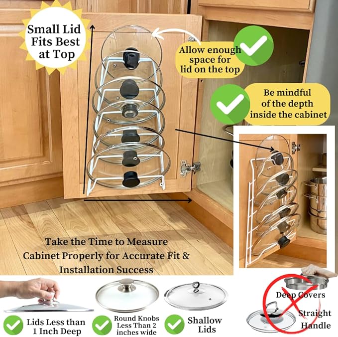 Evelots 6 Pot Lid Organizer for Cabinet Door or Pantry Wall - Closet Door Pots and Pans Lids Holder - Glass or Metal Pan Covers Cabinet Organizer Kitchen Storage - White 6 Tier Lid Rack