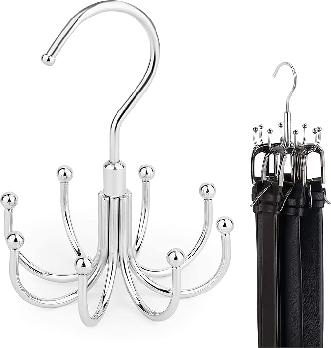 ZEDODIER Belt Hanger, 2 Pack Rotatable Belt Rack Closet Accessories Organizer, Maximum 24 Storage Capacity, Hanging Holder Storage Hook for Belt, Bra, Tank Top, Tie, Scarf, Purse, Silver
