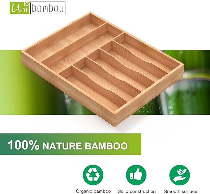 Sliverware Organizer, Bamboo Kitchen Drawer Organizer, Flatware Organizer Tray Holder for Sliverware, Utensil & Cutlery (7 Slots, Natural)
