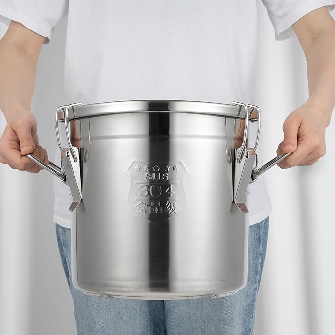 DYNAMI 304 Stainless Steel Airtight Canister, 3.2Gal Canisters Container with Lids and Sturdy Locking Clamp,Bucket Food Storage Containers Airtight for Rice, Flour, Grain, Coffee Bean(12L)