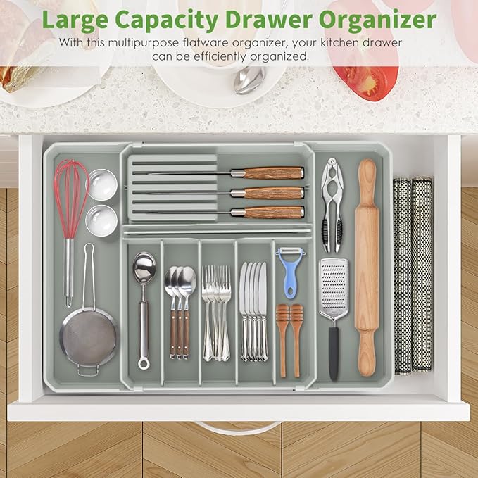 Silverware Drawer Organizer, Expandable Kitchen Utensil Organizer, Larger Capacity Flatware and Cutlery Tray, Multi-Purpose Drawer Storage for Kitchen, Dressing Table, Office, Bathroom, (Grey)