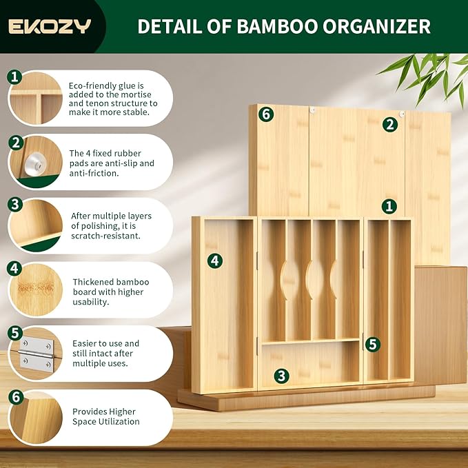 100% Bamboo Kitchen Drawer Organizer, 180° Flip Lid Feature Silverware Organizer for Cutlery Utensil, Cutlery Tray, 8 Slots with Dividers, Waterproof, Non-Slip, for Farmhouse to Modern Kitchen