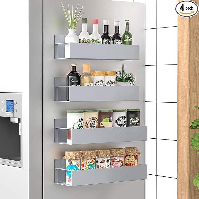 4 Pack Magnetic Spice Storage Rack Organizer for Refrigerator and Oven, Gray Fridge Organizers and Storage