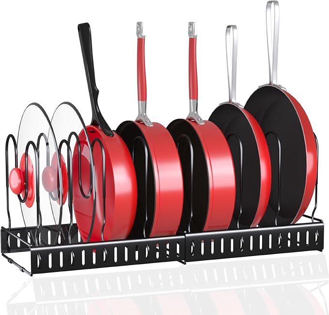 Expandable Pots and Pans Organizer Under Cabinet, with 10 Adjustable Dividers Pot and Pan Organizer, for Kitchen Baking Cookies Cookware Pantry Baking Pan Lid Organizer Black