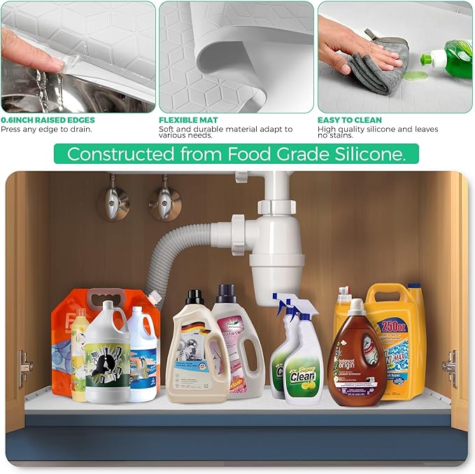 TRZZ Silicone Waterproof Under Sink Mat 28" x 19", Drip Tray and Cabinet Liner for Kitchen and Bathroom, Prevents Water Damage and Organizes Cabinets (Beige)