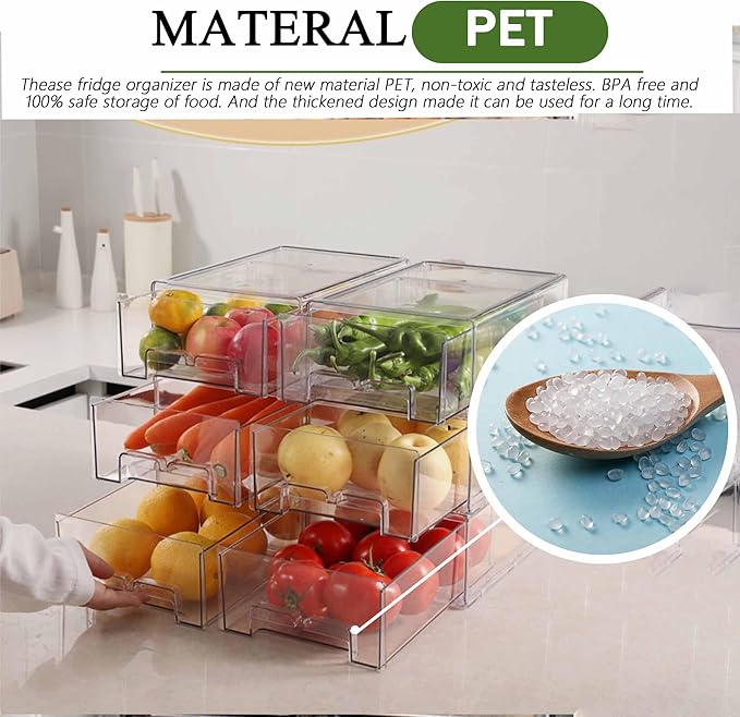 2 Pack Stackable Clear Storage Drawer,Refrigerator Organizers and Storage Drawer Pull Out Drawer for Fridge Kitchen Bathroom Cabinet Closet Office Clear