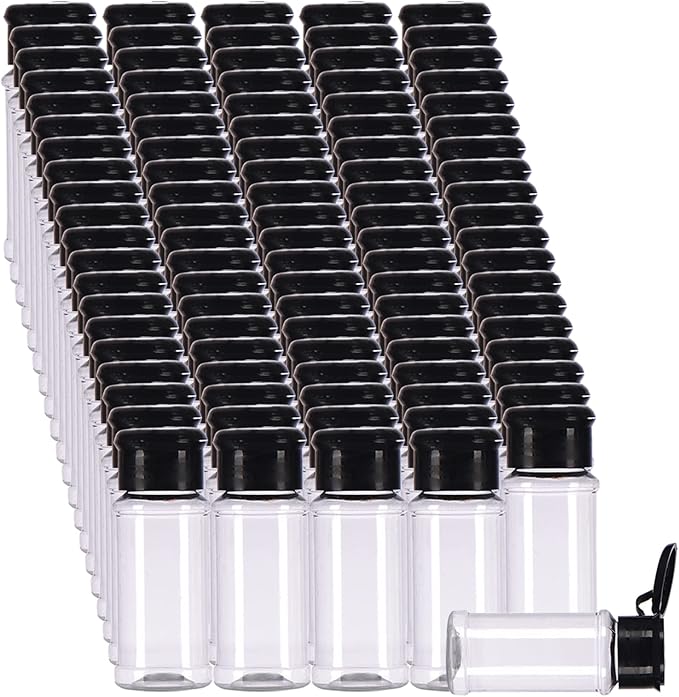 FEOOWV 100 Pcs Empty Plastic Spice Bottles Set for Storing Barbecue Seasoning Salt Pepper and More 75 ml/2.5 oz (Black)