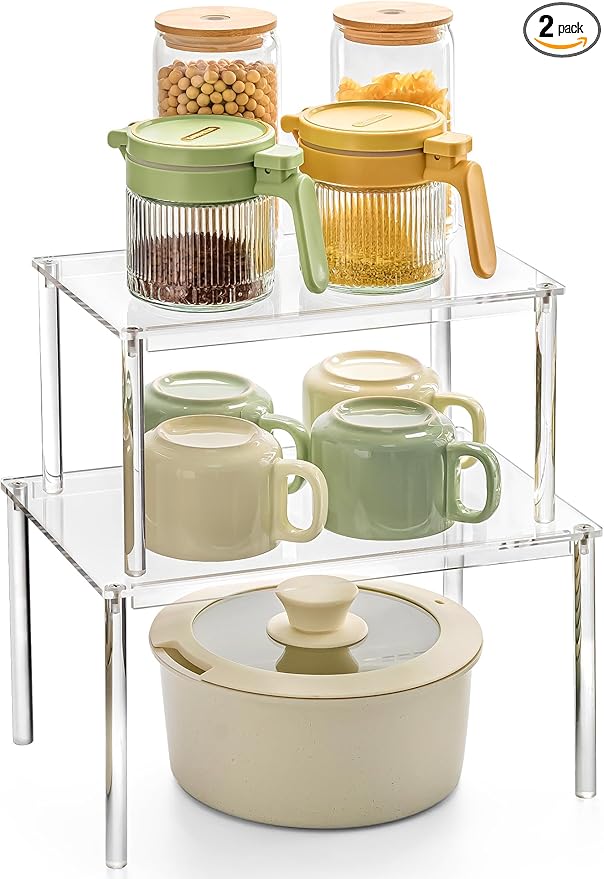 Acrylic Cabinet Organizer, Set of 2 Shelf Organizer, Spice Rack Organizer for Cabinet, Desk Countertop Organizer, Stackable Shelves for Pantry Kitchen Storage and Organization
