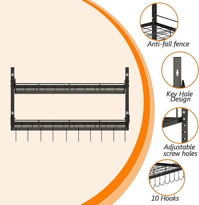 2 Tiers Hanging Pot Rack Wall Mounted, Large Weight Capacity Pots and Pans Hanging Rack with 10 Hooks for KItchen Organizer Storage(Heavy Duty)