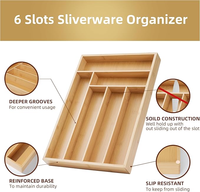 Silverware Organizer Kitchen Drawer Organizer Utensil Organizer Bamboo Silverware Holder Cutlery Organizer in Drawer Flatware Organizer Tray(6 slots, Natural
