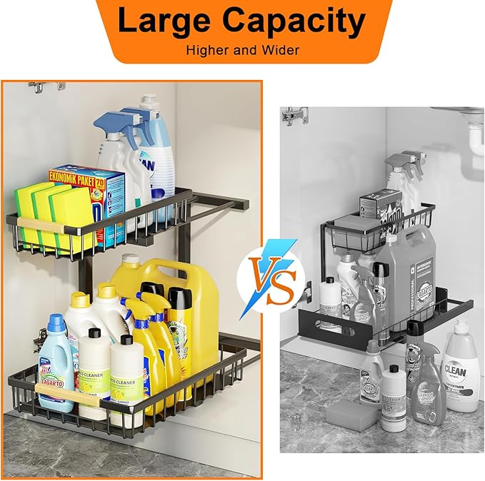Miyawell Under Sink Organizer and Storage, 2-Tier Pull Out Cabinet Organizers Shelf, Metal Sliding Drawers Shelves for Kitchen Bathroom Closet Organization, 2 Pack