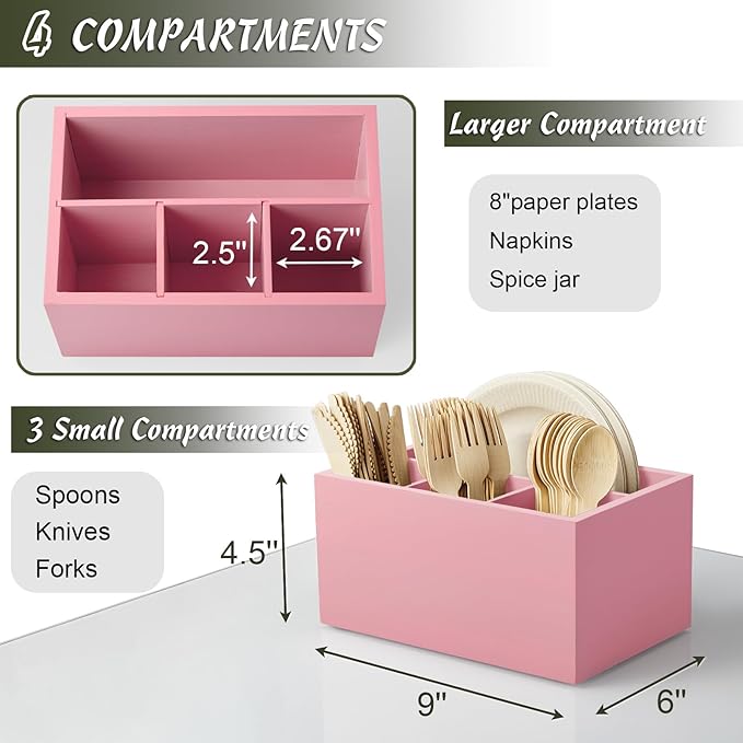 DRASTAR Utensil Caddy, Wooden Picnic Cutlery Organizer, Countertop Plastic Silverware Holder, Pink