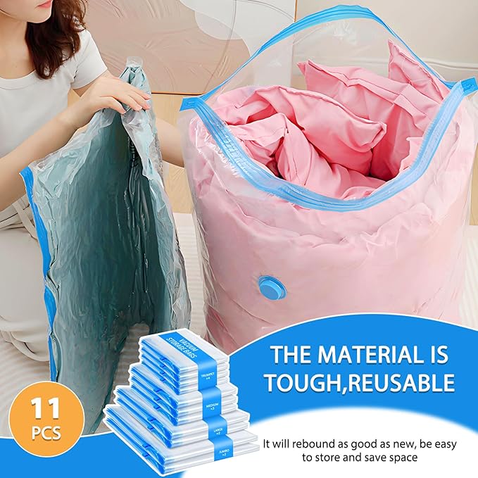 11 Pack Travel Vacuum Storage Bags with Electric Pump, 2 Jumbo+2 Large+3 Medium+4 Small Vacuum Sealer Bags, 80% Space Saver Bags for Luggage, Comforters,Blankets, Travel Essentials