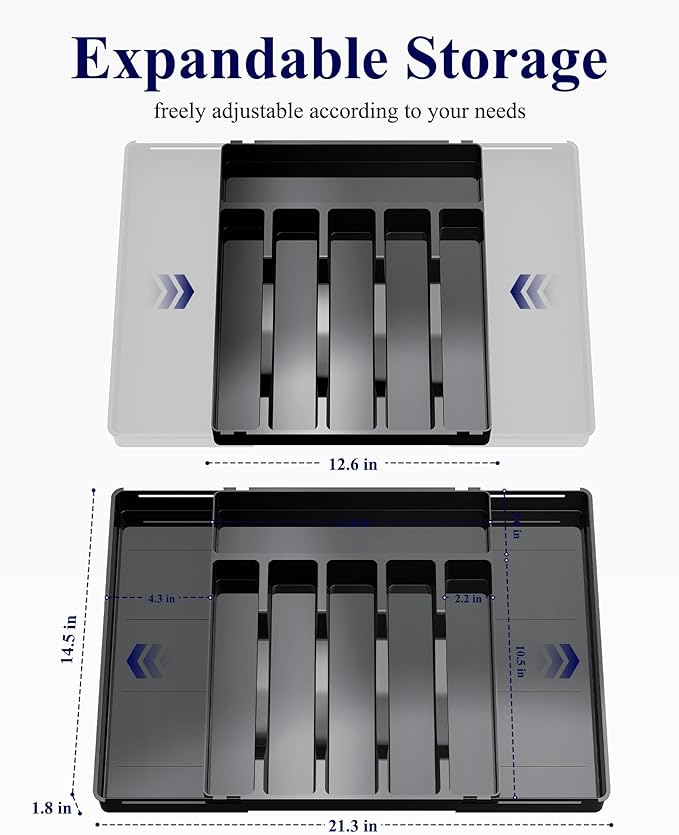 Kitsure Silverware Organizer - 8 Slots Expandable Drawer Organizer for Utensils & Cutlery, Multipurpose Kitchen Organizers and Storage Solution, Black, 21.3" x 14.5" x 1.8"